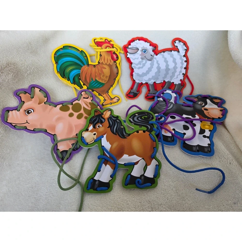 Wooden Farm Animal Lacing Cards Set Montessori Educational Fine Motor Toy 5pc